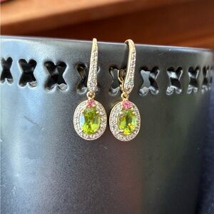 Gold Peridot and Pink Sapphire Halo Drop Earrings
